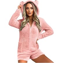 Fluffy Onesie for Women,Ladies Short Fleece Pyjamas with Ears Hood Zipper Onesie Adult Cute Teddy Pajamas Winter Warm Plush One Piece Jumpsuit Sleepsuit Loungewear Romper for Women with Pocket