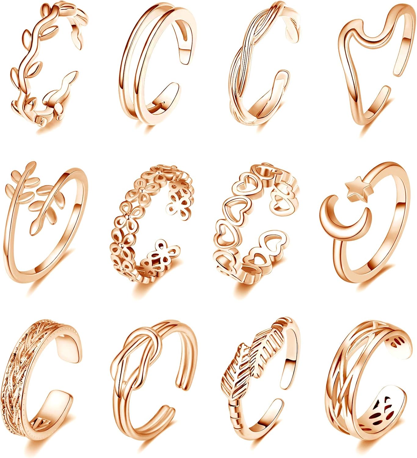KOHOTA 12PCS 18K Gold Plated Adjustable Toe Rings for women Summer Beach Open Toe Rings Set Flower Arrow Tail Pinky Band Rings Barefoot Foot Jewelry