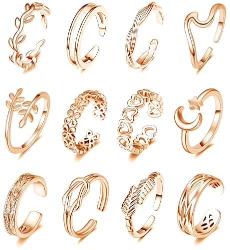 KOHOTA 12PCS 18K Gold Plated Adjustable Toe Rings for women Summer Beach Open Toe Rings Set Flower Arrow Tail Pinky Band Rings Barefoot Foot Jewelry - Rose Gold-12PCS