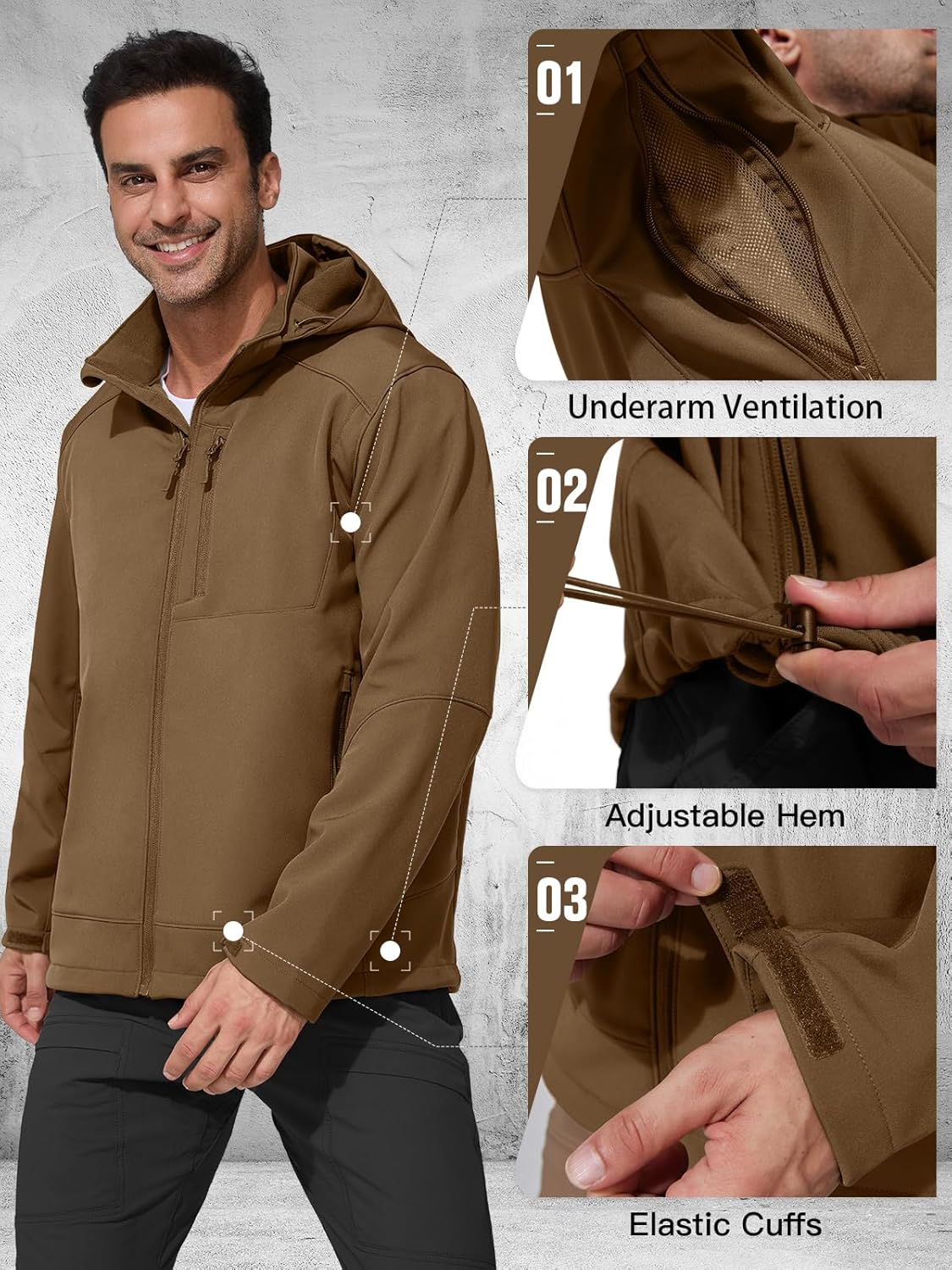 FREE SOLDIER Men's Lightweight Softshell Jacket Winter Fleece Lined Hooded Rain Waterproof Hiking Outdoor Jackets (Brown,L) - Image 5