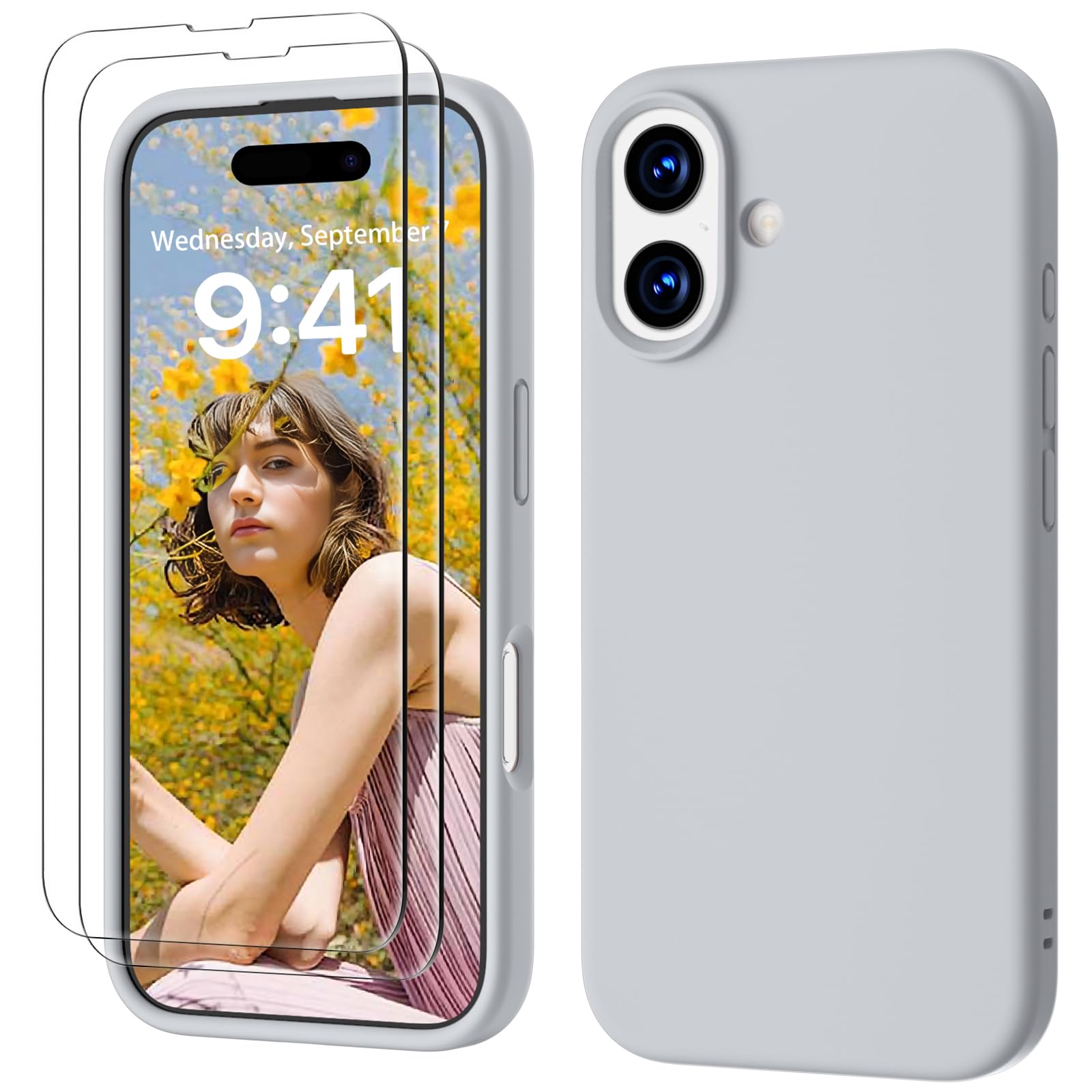 GOODVISH 3 in 1 Silicone Cover per iPhone 17 6.3", Custodia con 2 Pellicola Vetro Temperato [Protezione Fotocamera] 360° Protezione Anticaduta Case per Cellulare Antiurto Resistente, Grigio Acciaio