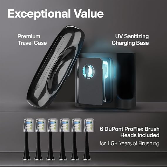 Aquasonic Black Series PRO UV Ultra-Whitening Electric Toothbrush 5 Modes & Smart Timers UV Sanitizing Base, Premium Travel Case & 6 Proflex Brush Heads ADA Accepted