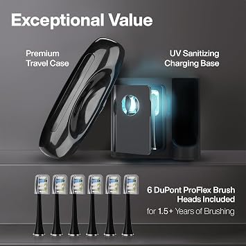 Aquasonic Black Series PRO UV Ultra-Whitening Electric Toothbrush 5 Modes & Smart Timers UV Sanitizing Base, Premium Travel Case & 6 Proflex Brush Heads ADA Accepted
