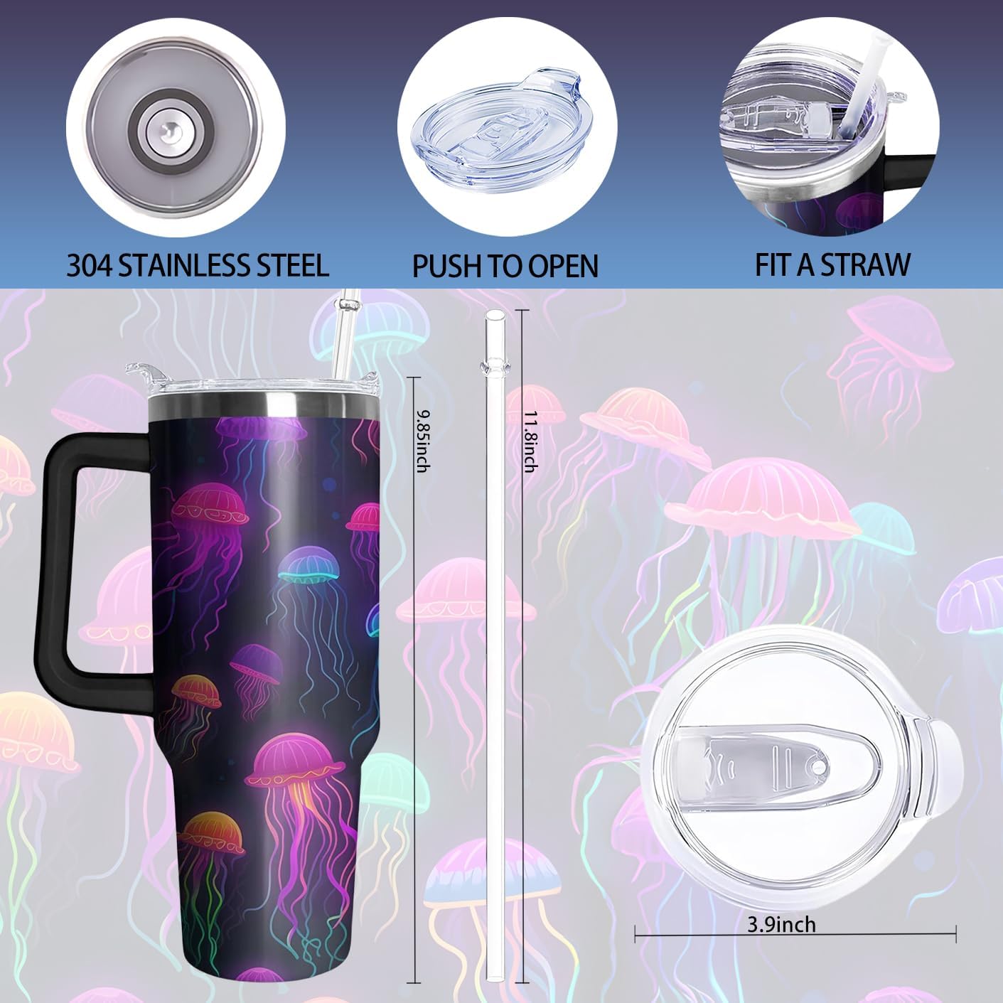 40oz Jellyfish Tumbler with Handle and Straw, Animal Lovers Gifts for Women Men, Sea Ocean Stainless Steel Travel Mug Water Bottle, Colorful Vacuum Insulated Cup with Lid - Image 2
