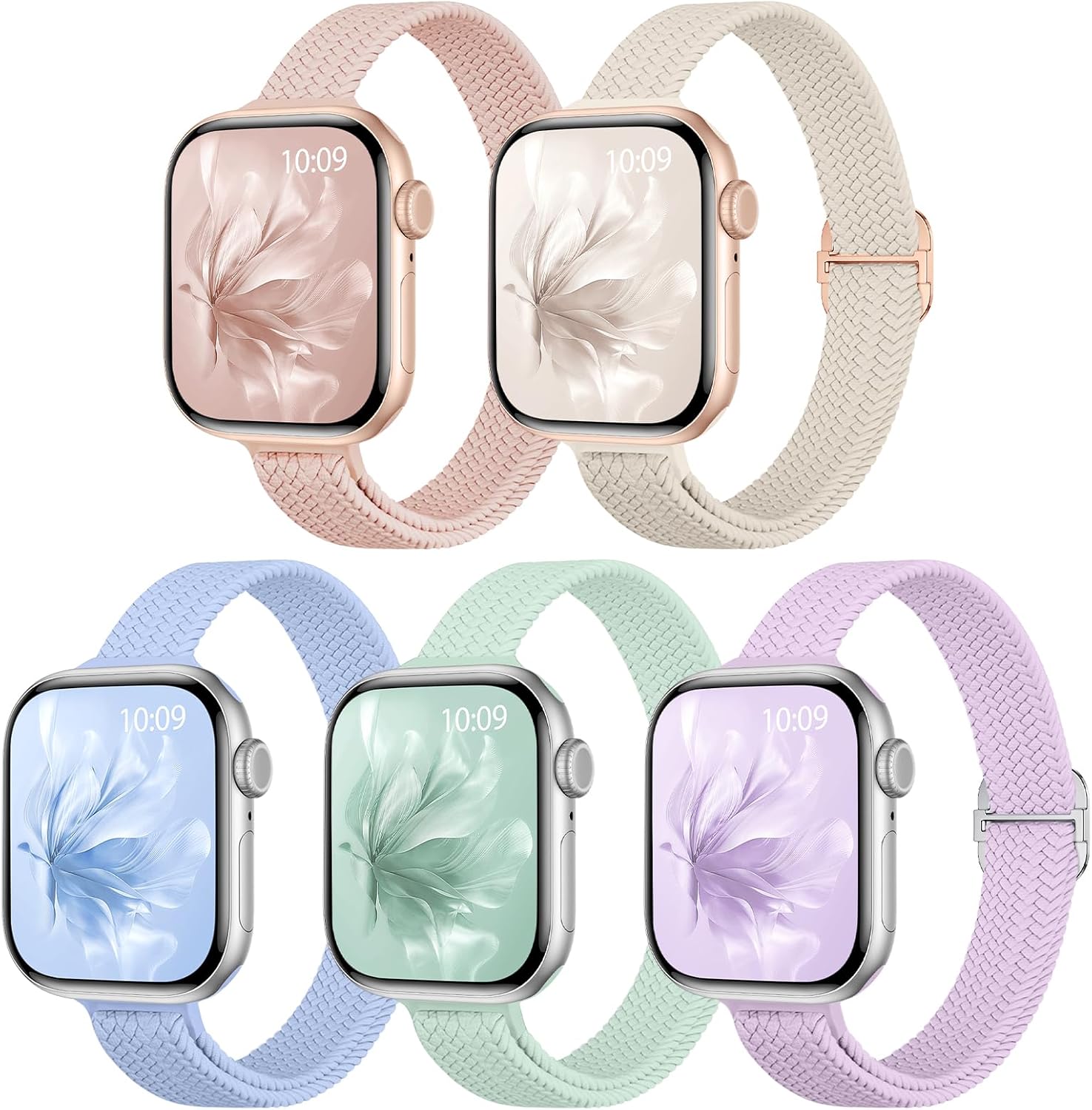 5 Pack Slim Braided Stretchy Bands Compatible with Apple Watch Band 40mm 41mm 42mm 38mm 44mm 45mm 46mm 49mm Women Men, Thin Elastic Nylon Solo Loop Straps for iWatch Series 10 9 8 7 6 5 4 3 11 SE 2/1