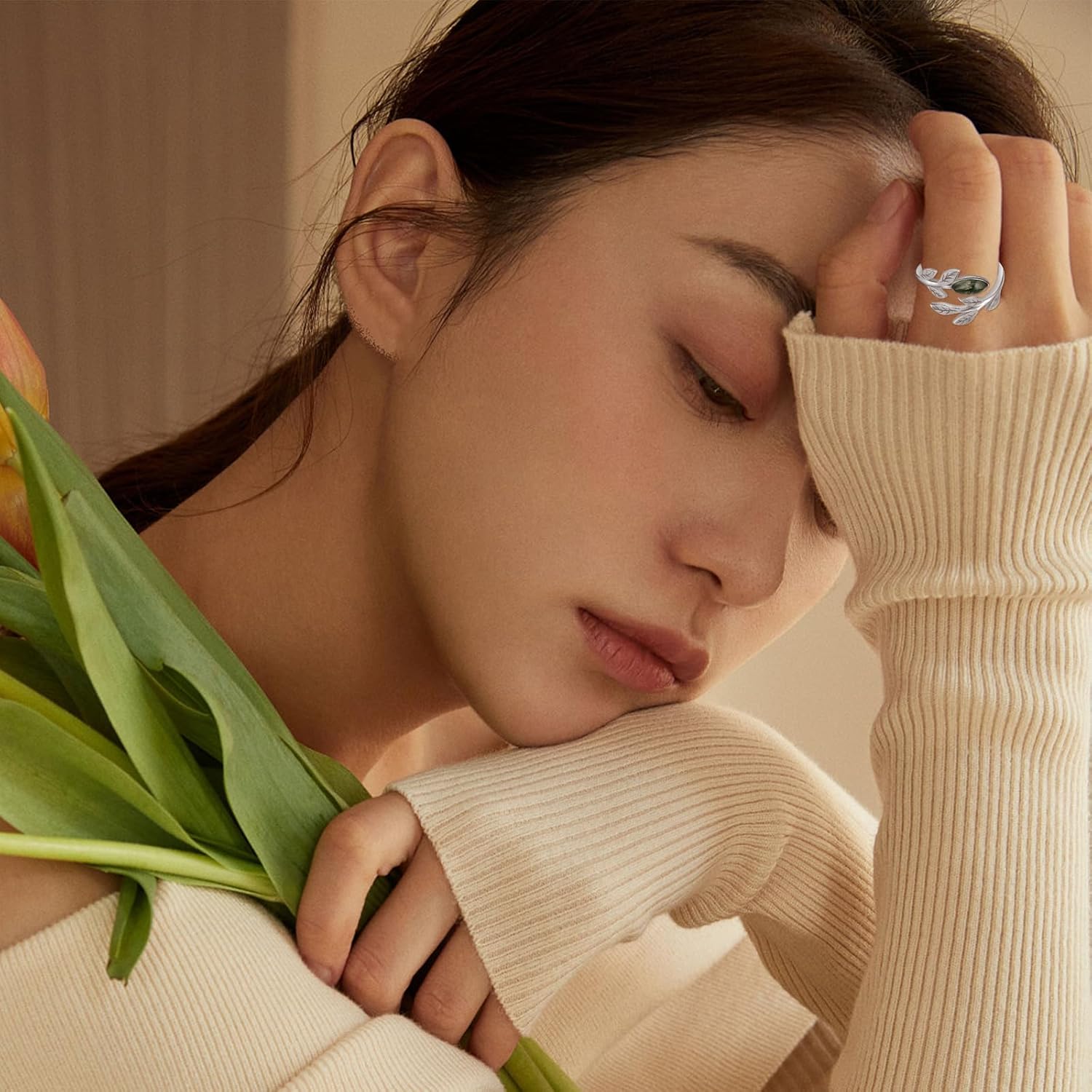 CUOKA MIRACLE Leaf Ring Moss Agate Rings 925 Sterling Silver Open Leaf Ring Birthday Wedding Promise Rings Jewelry Gifts for Women Mom on Birthday Mother's Day Valentine's Day