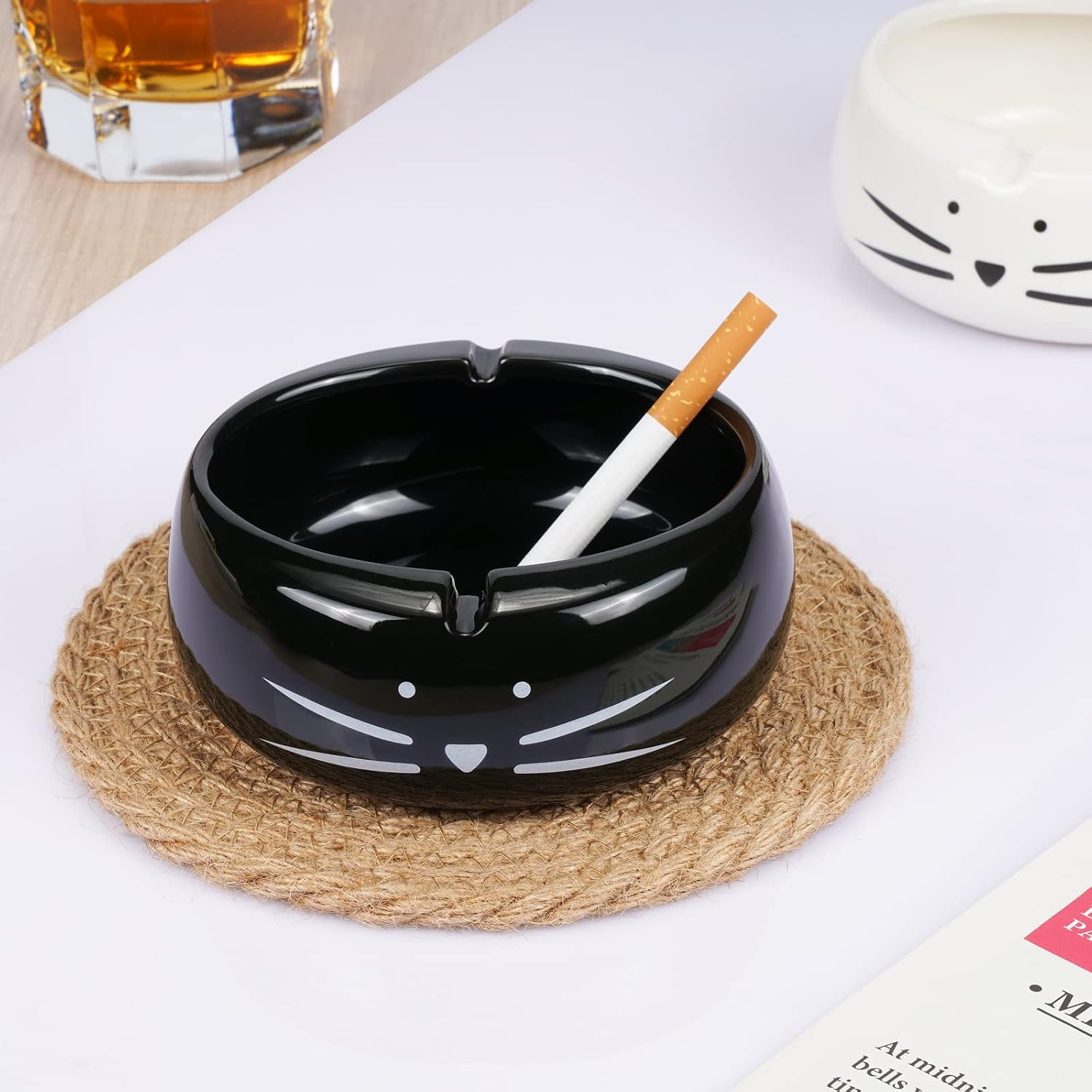 Koolkatkoo Cute Cat Ashtray Indoor or Outdoor Use Ceramic Ash Holder for Smokers Girls Women Decorative Ashtrays for Home Office Cat Lover Ash Tray Black and White