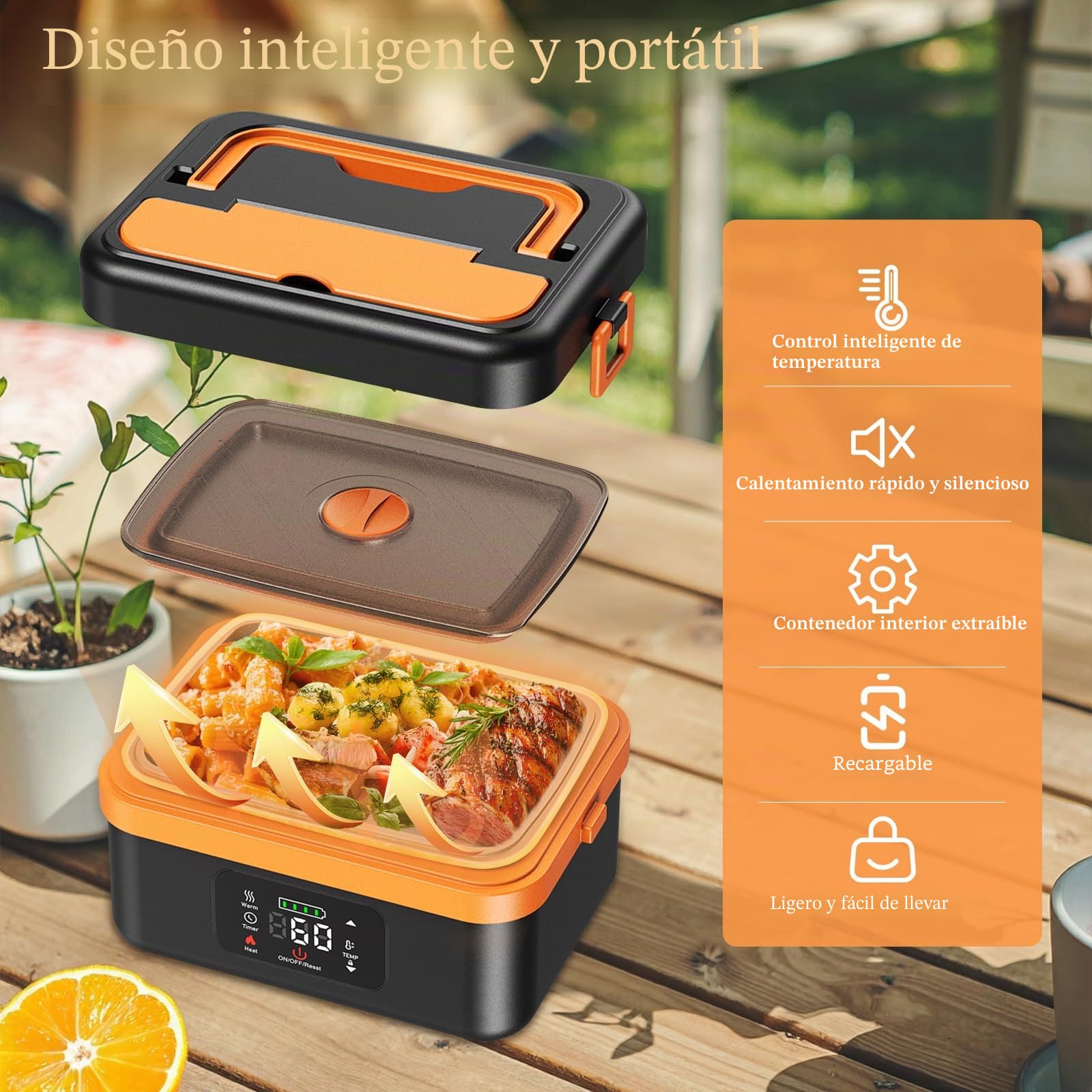 Taper electrico para comida, fiambrera recargable con calentamiento automático de 16 000 mAh, calentador de alimentos portátil de 1 l con calentamiento automático para oficina, picnic, coche