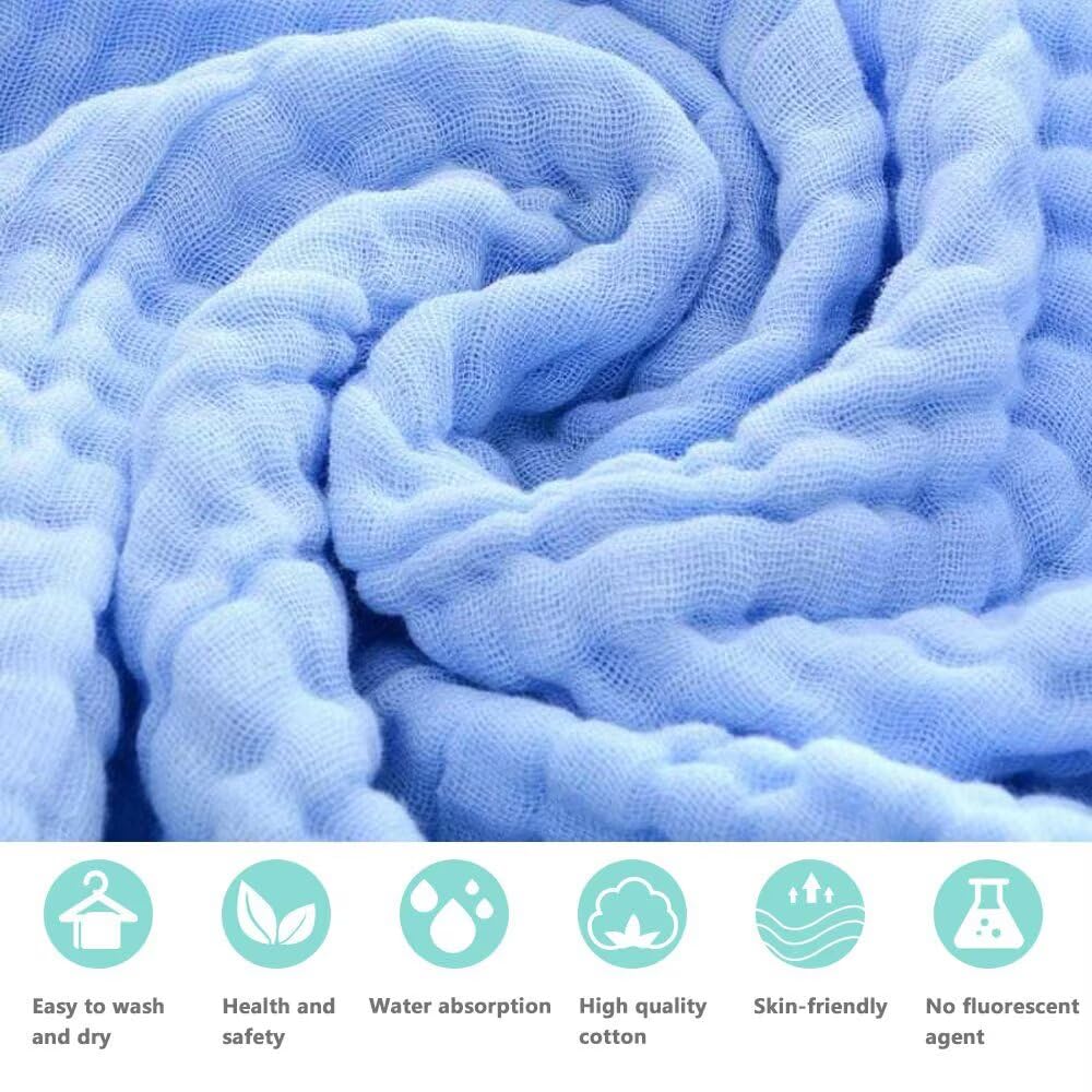 Bwinka 2PCS Super Soft 6 Layers Muslin Cotton Newborn Baby/Kids Bath Towels White Also for Baby Blanket(105x105cm) (White+Blue)