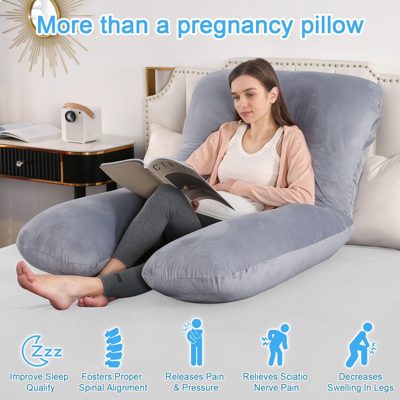 SHANNA Cuscino per Gravidanza Lungo, Cuscino donne incinte, Cuscino allattamento, Dormire Grande Cuscino a Forma di U 100% Cotone con Fodera in Velluto sostituibile e Lavabile 70x145 cm