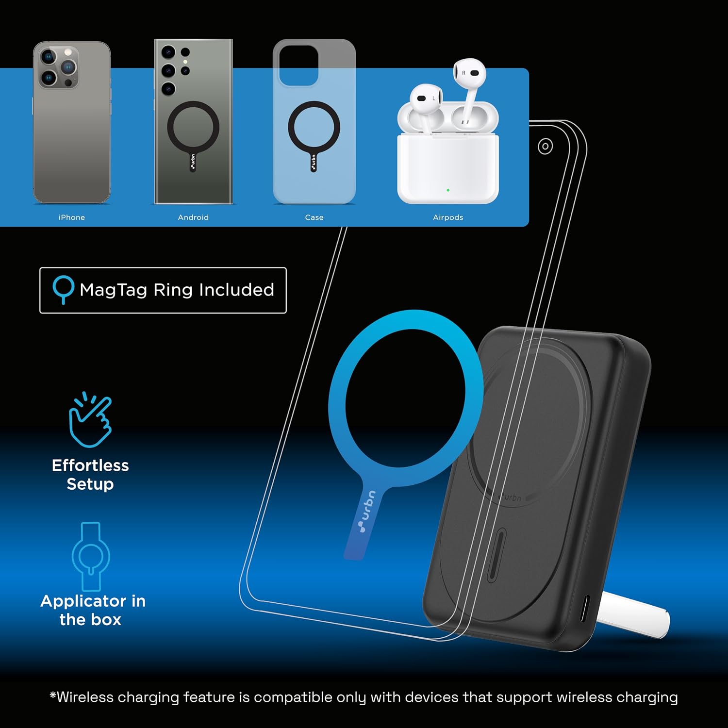 Image showing a smartphone being charged wirelessly by the power bank, which is simultaneously charging a pair of AirPods via a USB-C cable.