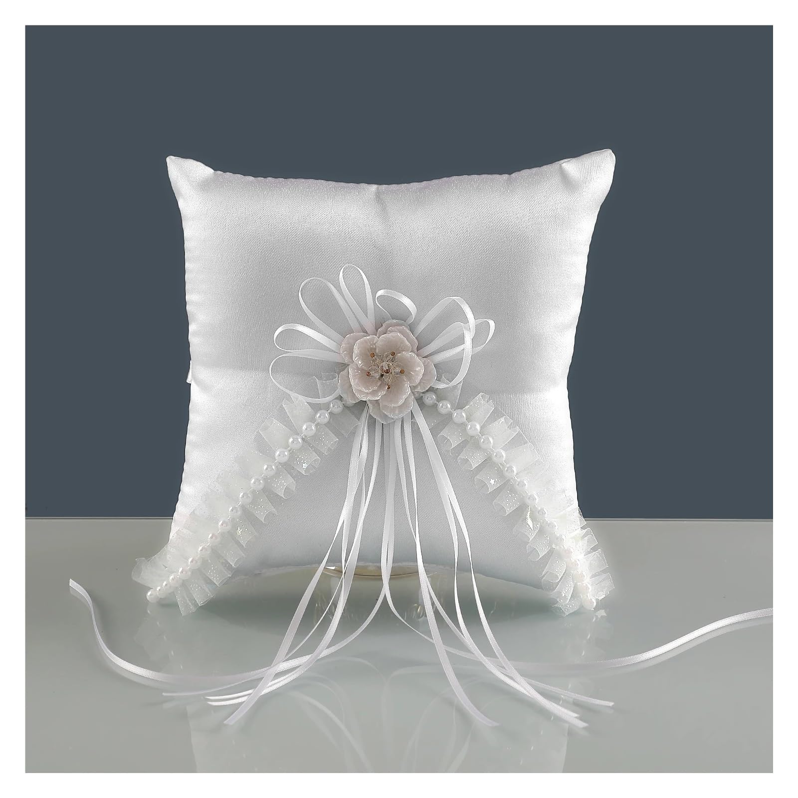 Cojín de anillos para boda en encaje blanco elegante y almohada de alianzas para ceremonia nupcial