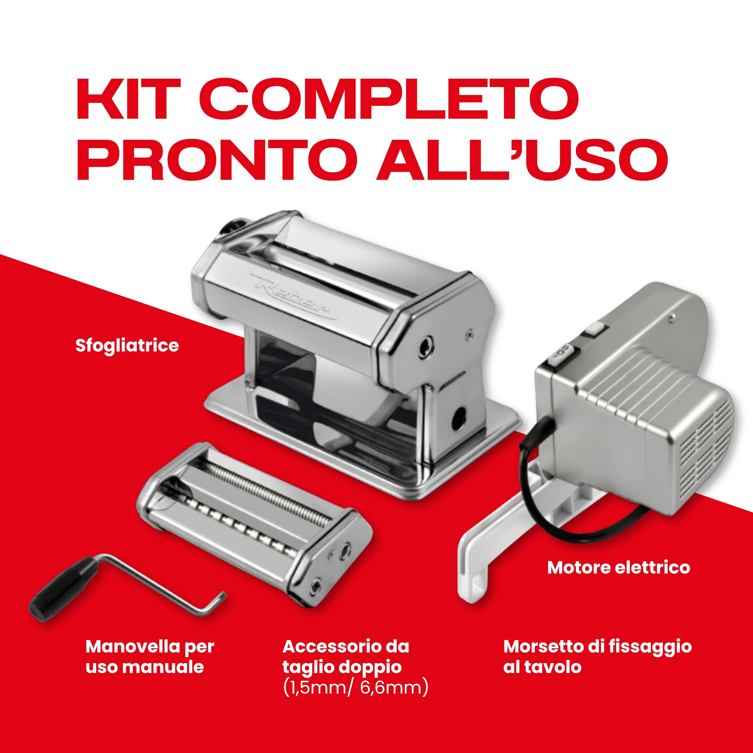 Reber Macchina per la Pasta Fresca Elettrica e Manuale 60 W, 2 Velocità | 9 Livelli di Spessore, Rulli da 150 mm, Sfogliatrice e Taglio Doppio 1,5 + 6,6 mm - PastaReber Kit Elettrico Silver