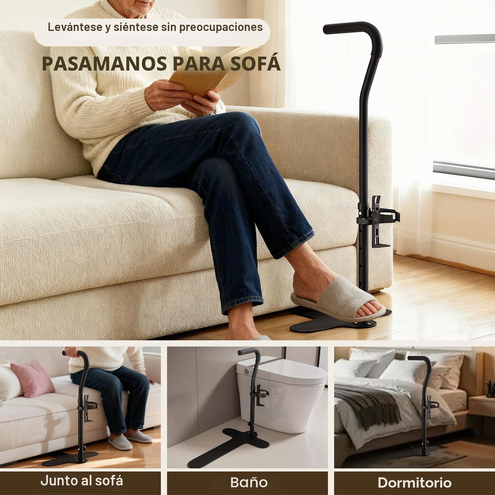 LIROPAU Soporte para levantarse para personas mayores con soporte para bebidas, 6 alturas de altura ajustable, ayuda para levantarse de la silla de sofá para personas mayores, ayuda a la movilidad