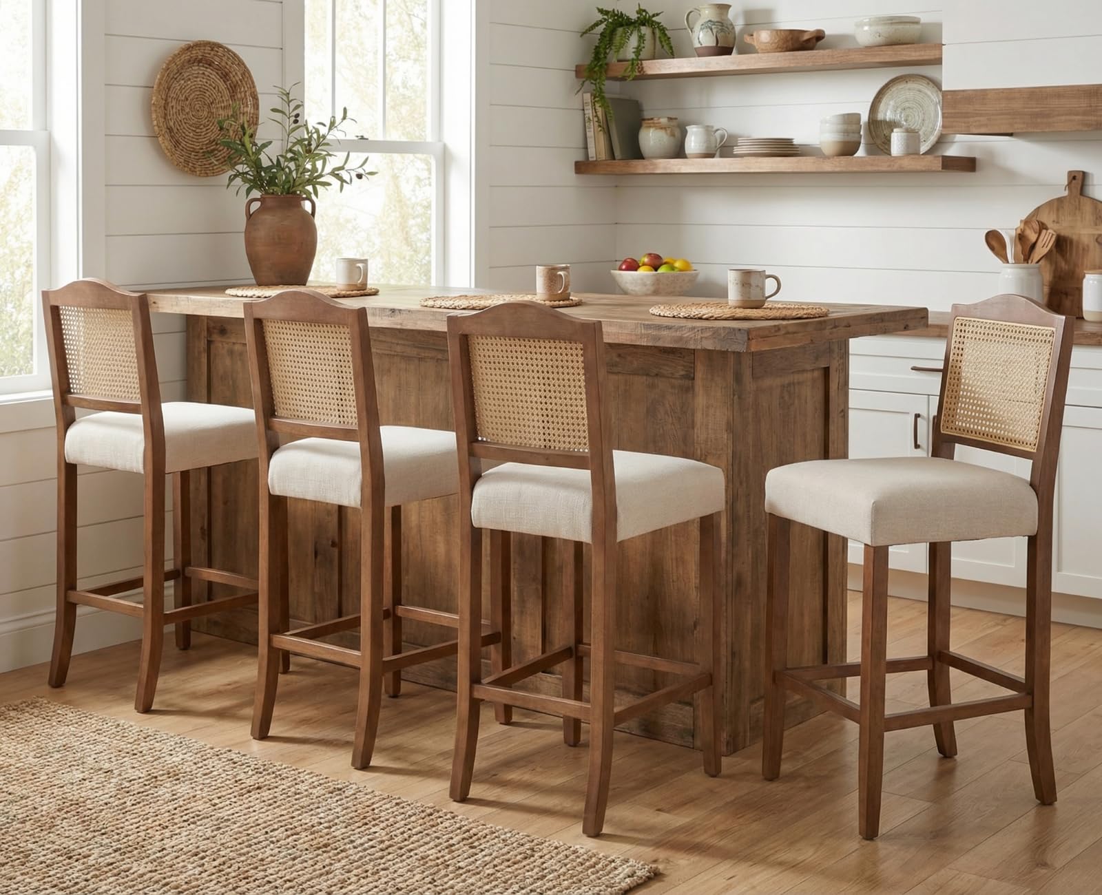 CIMOTA 30 Inch Counter Height Stools Set of 4 Rattan Farmhouse Barstools Mid Century Modern Bar Chairs Upholstered Kitchen Bar Stools with Wood Legs