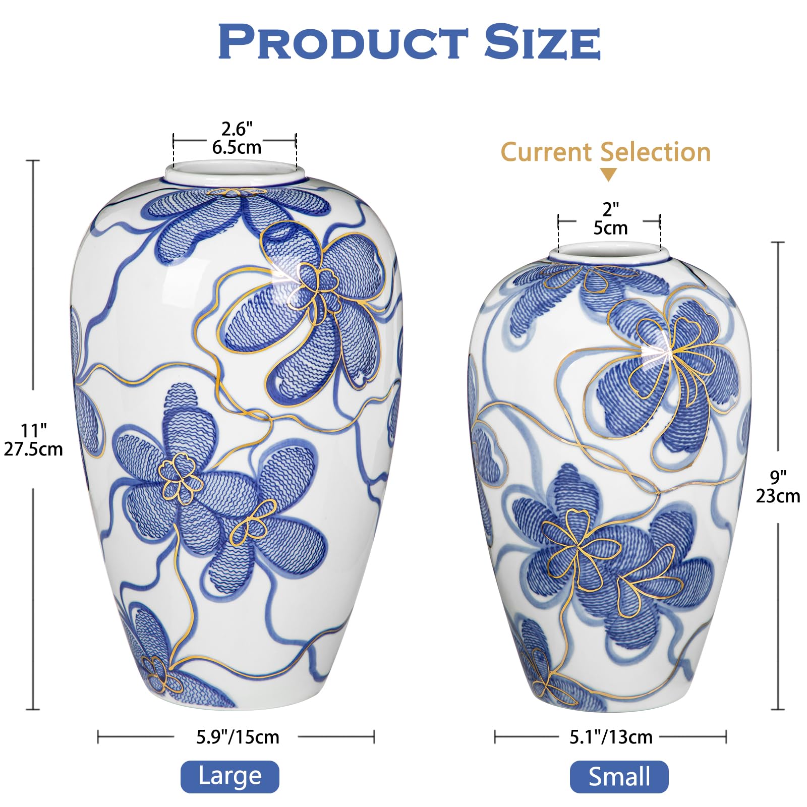 Jarrón de cerámica azul y blanco con adornos dorados, jarrón de flores pintado a mano de estilo asiático, accesorio para el hogar, altura 23 cm, ideal para flores secas, decoración o regalo