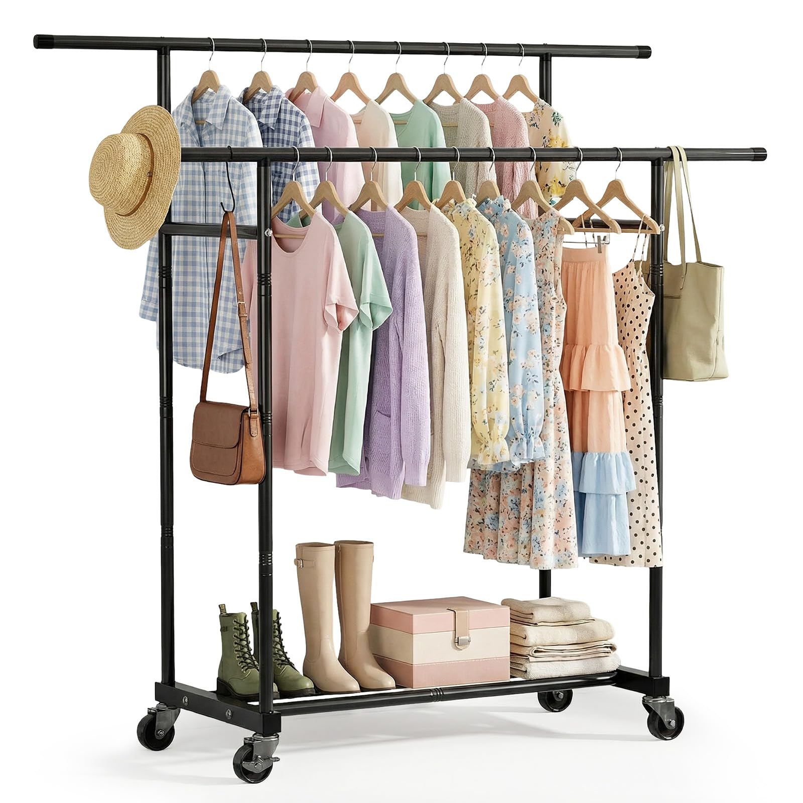 Tel Charme * Clothes Rail Heavy Duty Double Rods Clothes Rack on Wheels, Movable Clothing Rail for Hanging Clothes, Coats, Dresses, Clothing Rack & Coat Rack for Bedroom Laundry Living Room