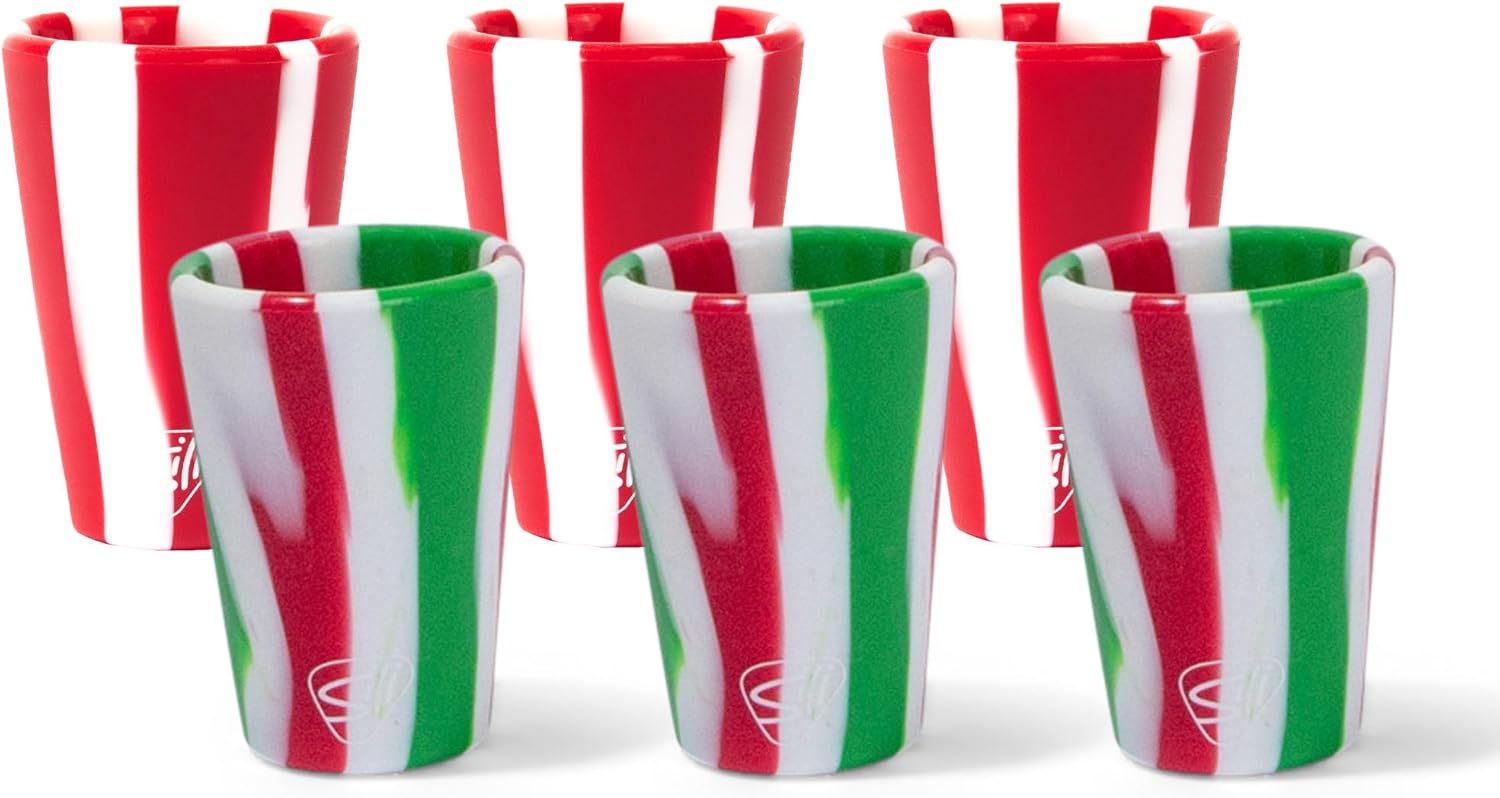 Silipint: Silicone 1.5oz Shot Glasses: 6 Pack - 3 Poinsettia & 3 Peppermint - Unbreakable, Holiday & Christmas Gift, Dishwasher-Microwave-Freezer Safe