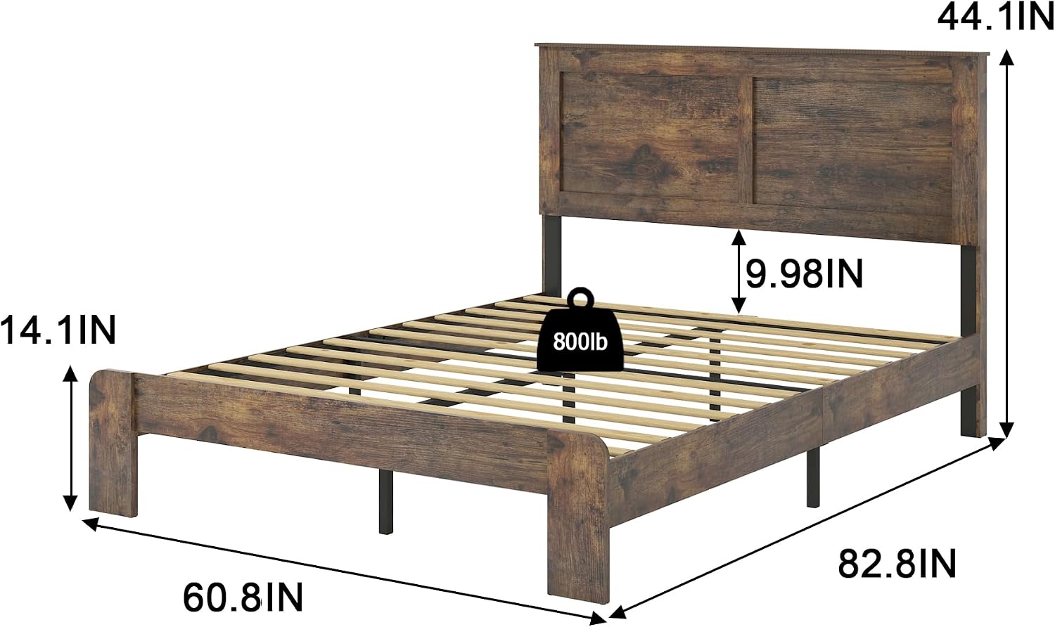 Queen Size Bed Frame, Vintage Platform Bed Frame with Wood Headboard and Footboard, 12 Wood Slats Support, No Box Spring Needed (Dark Brown)