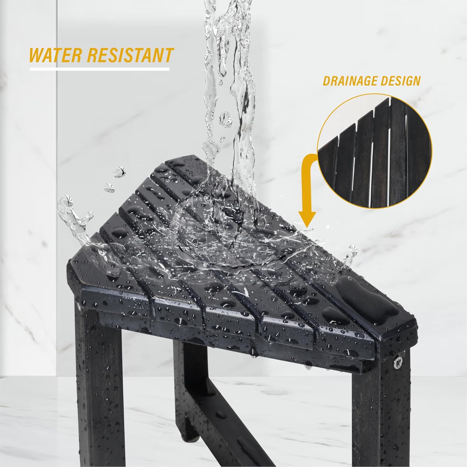 SENSUNIQ Shower Foot Rest for Shaving Legs | Rustic Black Triangle Bathroom Bench, 12 in x 14 in x 13.8 in, Wooden Shower Stool with 2-Tier Storage Shelf, Easy to Assemble