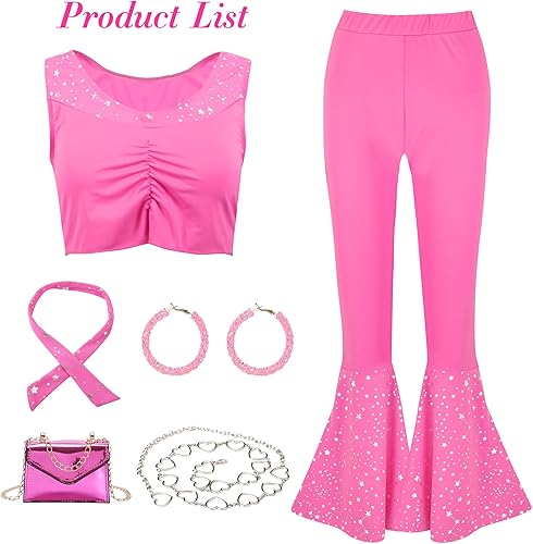 Miniatura 3 de Soyezletop Disfraz de vaquera de los años 70 y 80, disfraz de discoteca hippie para Halloween, cosplay, pantalones acampanados rosa para mujer