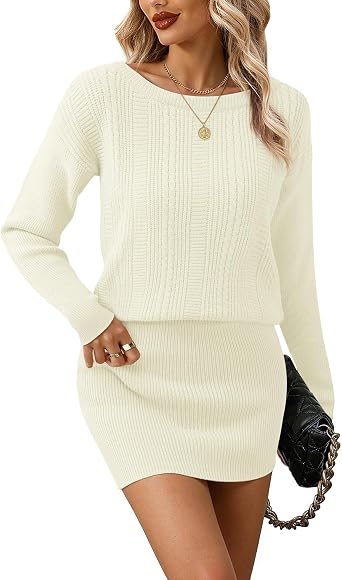 Lotusmile Womens Cable Knit Mini Sweater Dress Boat Neck Off The Shoulder Bodycon Pullover Long Sleeve Short Dresses