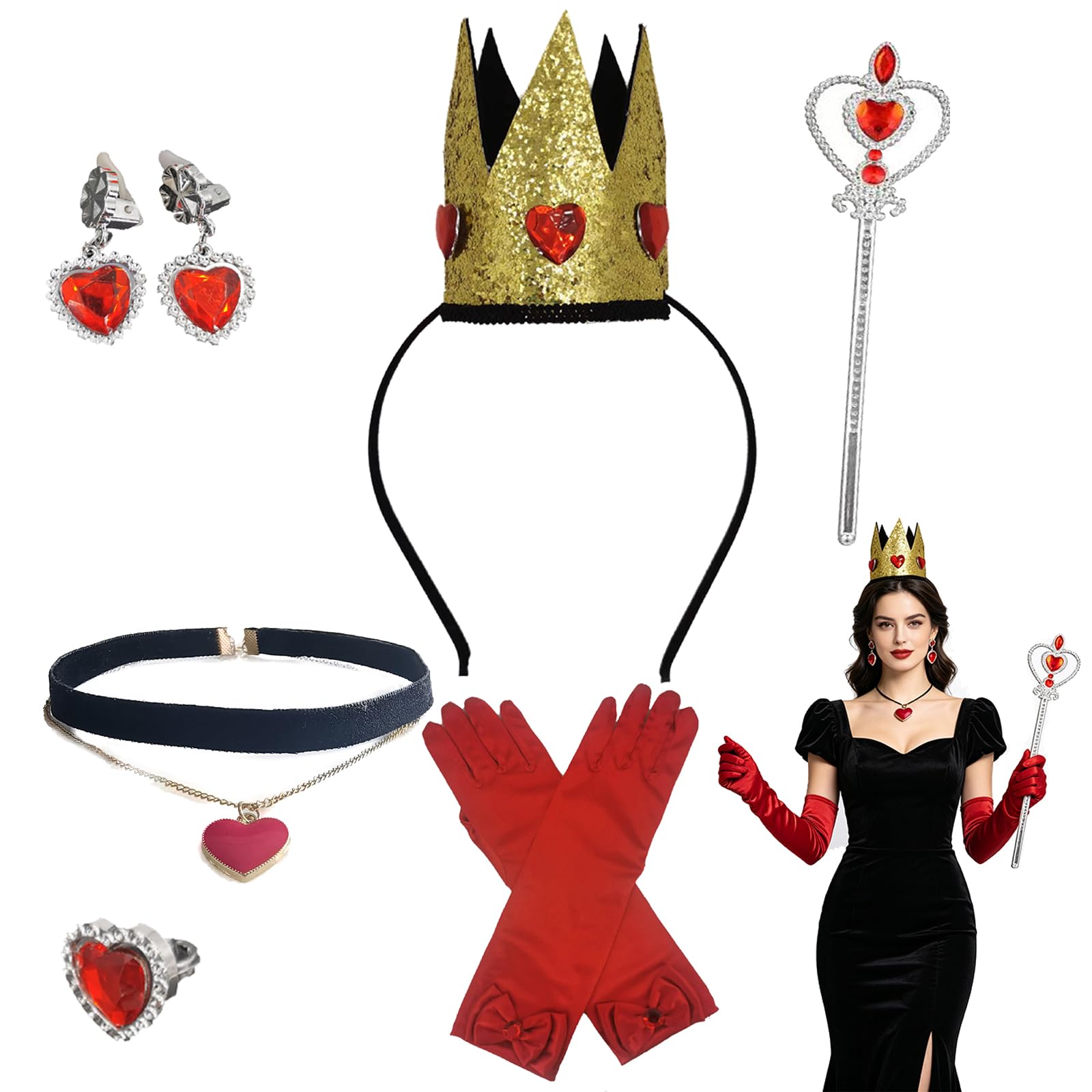 Moxychrony 6 Pack, Queen of Hearts, Queen of Hearts Costume Women, 6-in-1 Fancy Dress Set with Crown Tiara Wand Earrings Necklace Gloves Ring, Halloween Cosplay Party Accessories for Adult Women