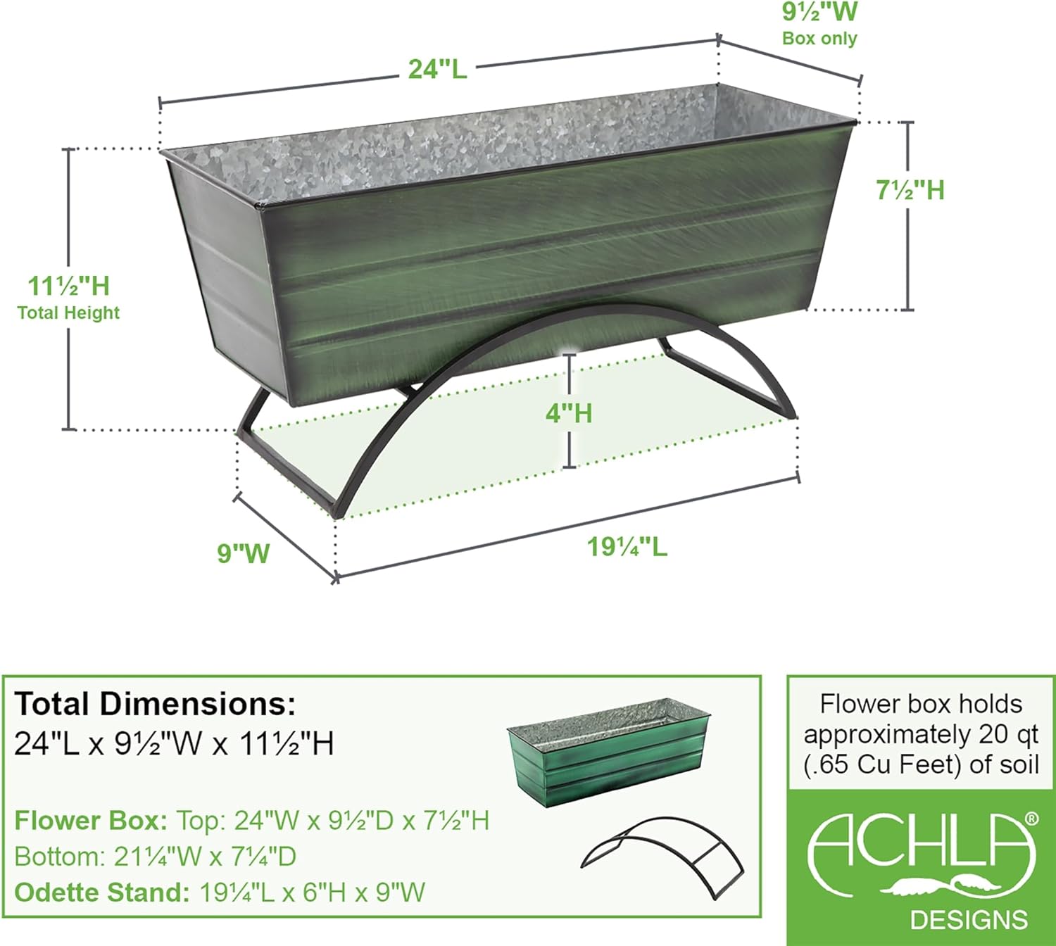 Achla Designs Medium Green Flower Planter Box with Odette Stand
