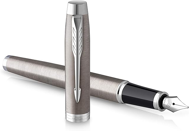 PARKER IM Fountain Pen | Stainless Steel with Chrome Trim | Medium Point with Blue Ink Cartridge | Gift Box