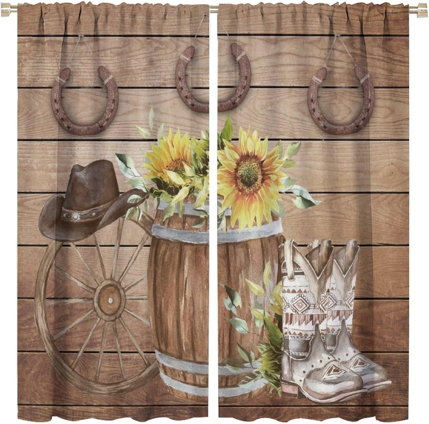 Brebasf Rustic Animal Horseshoe Curtains for Living Room Retro Western Wooden Cowboy Boots Wheel Sunflowers Thermal Insulated Rod Pocket Blackout Curtains/Drapes 2 Panels 84" L x 42" W