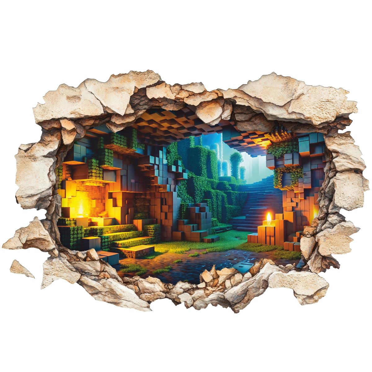 Pixel-Art Mine Gaming Wandaufkleber Wandtattoo 3D Wanddurchbruch – Block-Design Landschaft Wandsticker – Kinderzimmer Deko für Jungen – Einfach Anzubringen – 40 × 60 cm