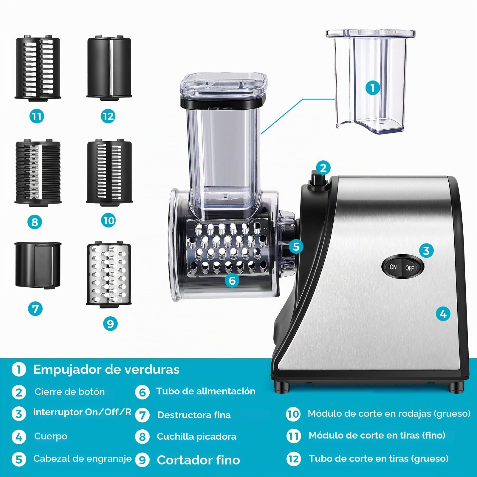 Cortador de verduras eléctrico, 250 W, cortador eléctrico de verduras, acero inoxidable, rallador de queso de acero inoxidable, gran calibre actualizado, multifuncional, con 5 cuchillas para