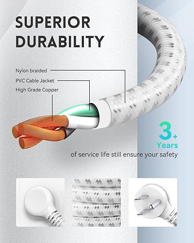 Miniatura 3 de PLUGTUL Cable de extensión de enchufe plano, 3 tomas, cable de extensión blanco trenzado de 8 pies, cable de conexión a tierra de calibre 16 de 3