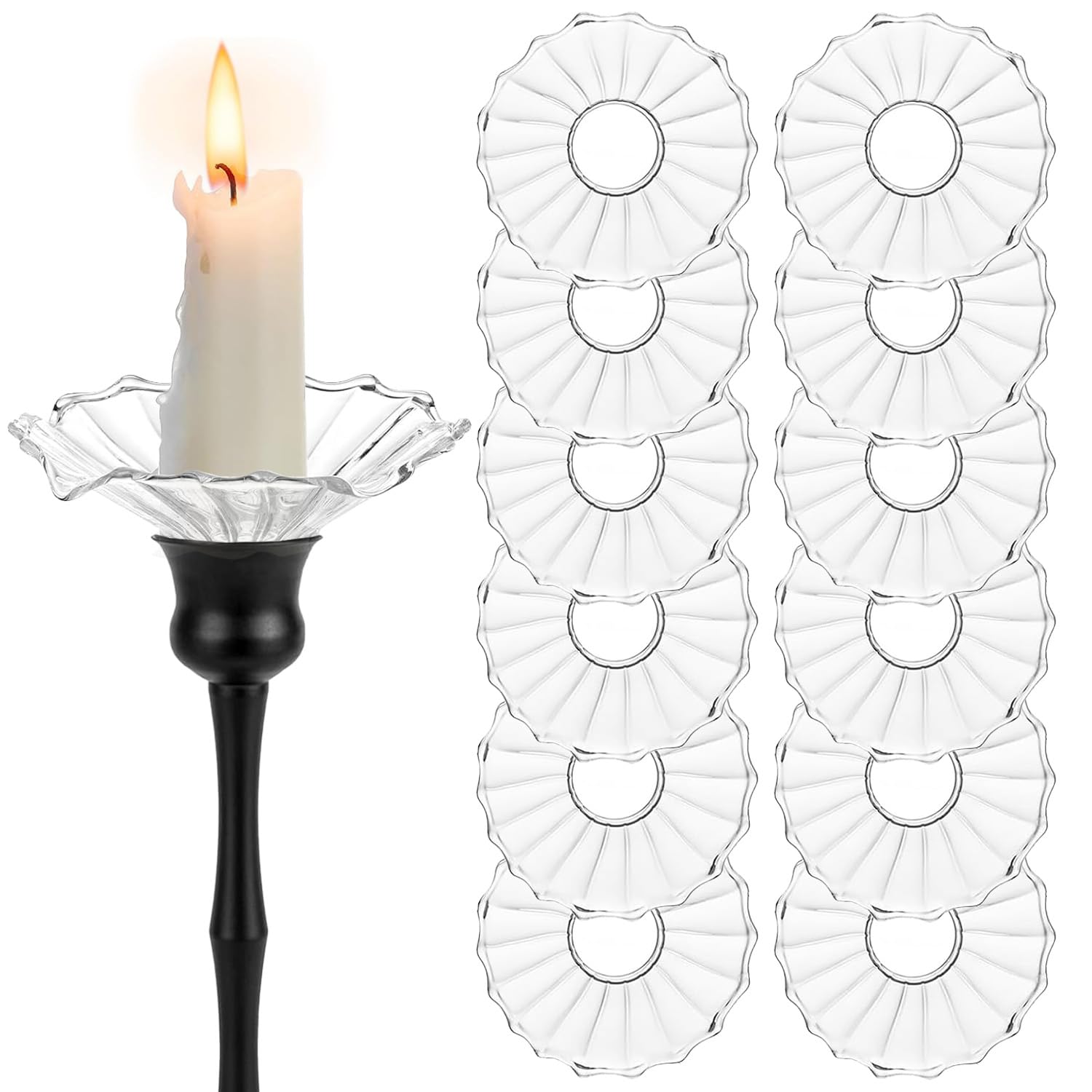 12Pcs Candle Drip Protectors,Clear Bent Glass Candle Bobeches,Bobeches for Candlestick Holders,Candle Drip Catcher for Tapers,Wedding Party Church Home