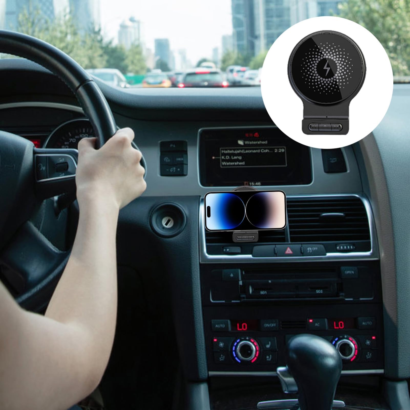 Cargador de teléfono inalámbrico para coche, 15 W, carga rápida, clip de ventilación magnético, rotación de 360 grados, cargador inalámbrico de 15 W con entrada de audio AUX, para coche, camión
