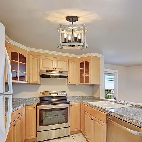 Miniatura 3 de Lámpara de techo retro semiempotrada de 4 luces, ORB+blanco roble, lámpara de techo rústica vintage antigua para pasillo, cocina, comedor,