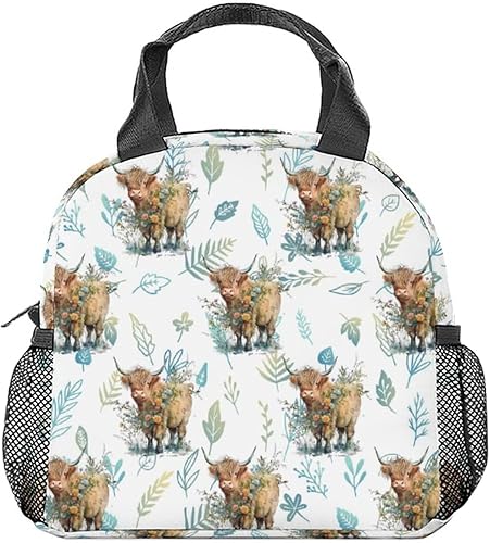 Highland - Lonchera de vaca para mujeres y niñas, pequeñas bolsas de almuerzo aisladas, bonita lonchera reutilizable para adolescentes y niños,
