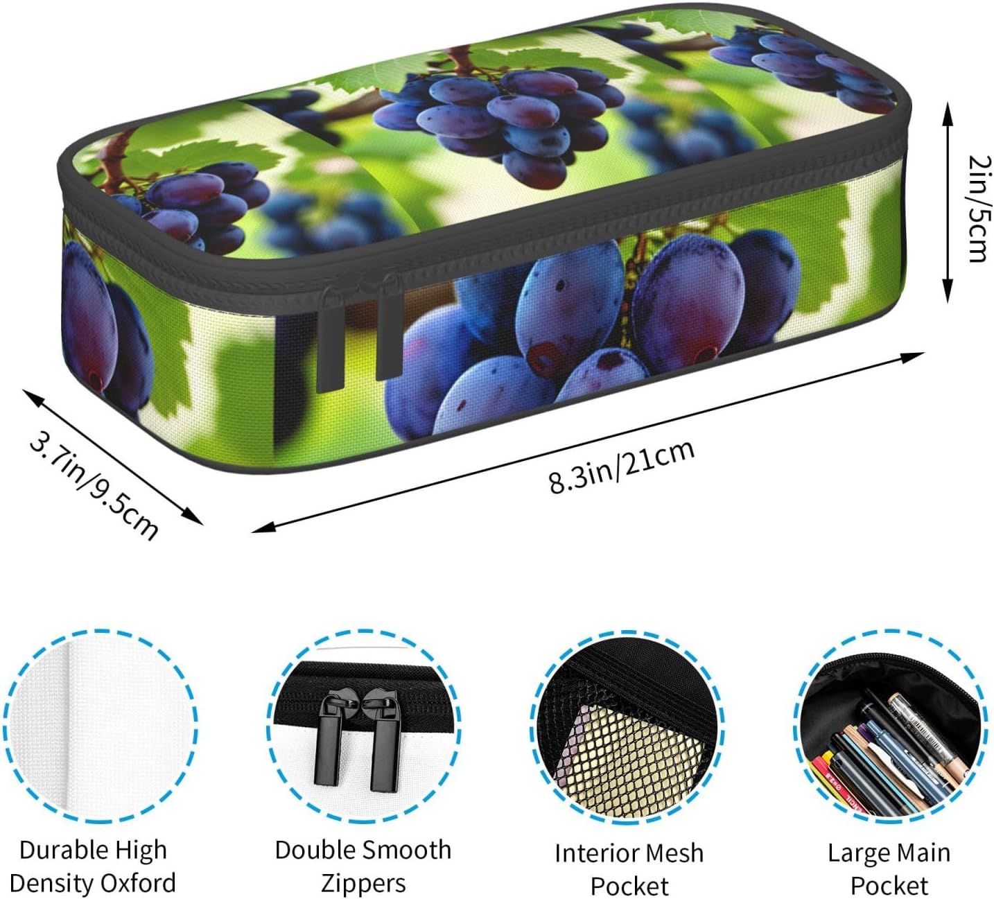 Grape Print Large Capacity Layered Pencil Pouch, Zipper Storage Bag with Mesh Pocket & Pen Slots image 5