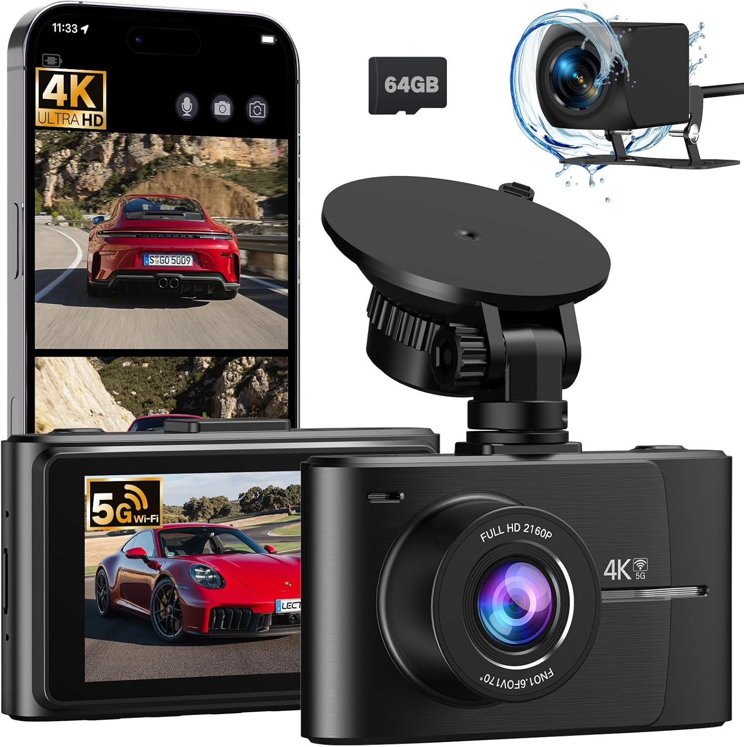Dash Cam Front and Rear 4K + 2.5K, Dual Dash Camera for Cars with Night Vision, 170° Wide Angle, Parking Monitor, G-Sensor, WiFi App Control, 64GB SD Card Included, Supports 256GB