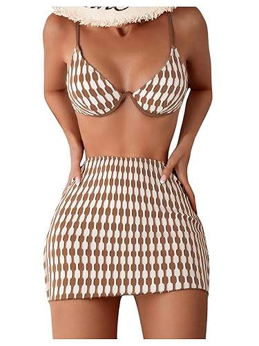Floerns Women's 3 Piece Bathing Suit Allover Print Swimwear Bikini Swimsuit with Beach Skirt - Medium - Coffee Brown