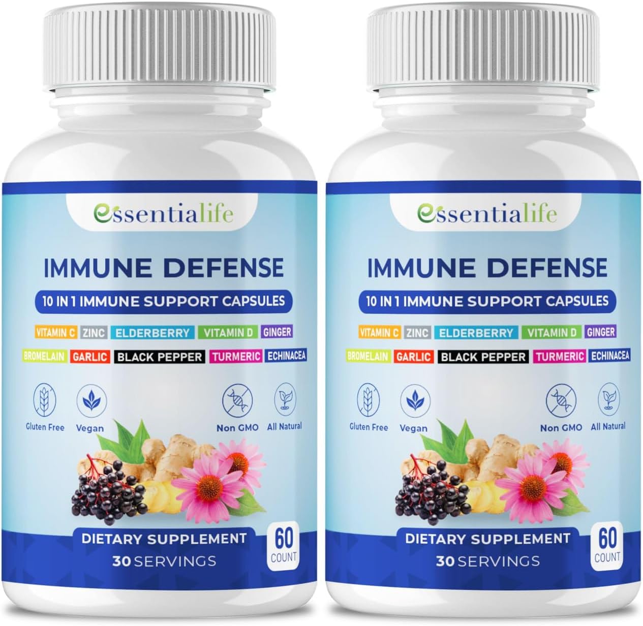 Immune Support Supplement – 2 Packs 10 in 1 Elderberry, Echinacea, Vitamin D, Vitamin C 1000mg & Zinc Supplement – with Immune Booster for Adults – 120 Vitamins Capsules