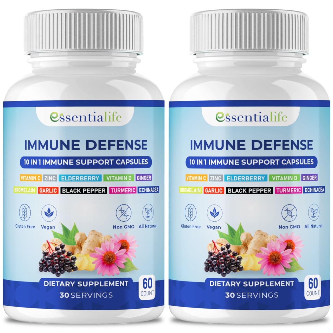 Immune Support Supplement - 2 Packs 10 in 1 Elderberry, Echinacea, Vitamin D, Vitamin C 1000mg & Zinc Supplement - with Immune Booster for Adults - 120 Vitamins Capsules