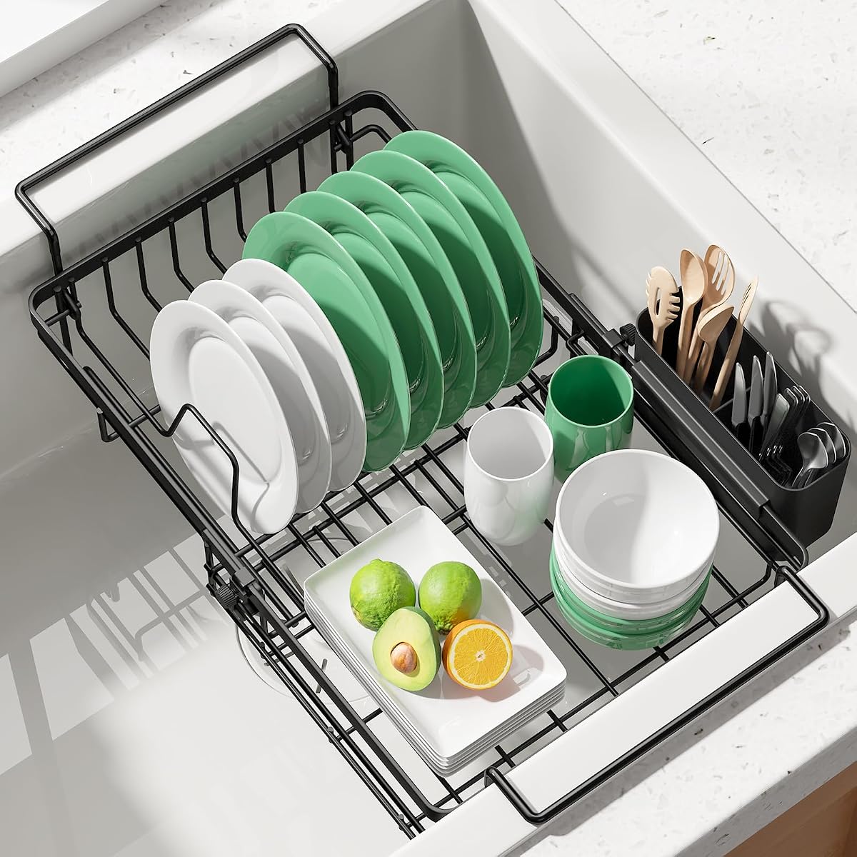 Kitsure Expandable in-Sink or Over-Sink Dish Drying Rack, Large, Black | Rust-Resistant Dish Rack for Kitchen Counter, Dish Drainer with Cutlery Holder, 10.82"-17.12" L x 11.02" W x 3.93" H