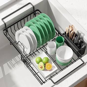 Kitsure Dish Drying Rack Expandable in-Sink or Over-Sink Dish Rack for Kitchen Counter, Rust-Resistant Metal Dish Strainer with Cutlery Holder, 10.82"-17.12" L x 11.02" W x 3.93" H, Black