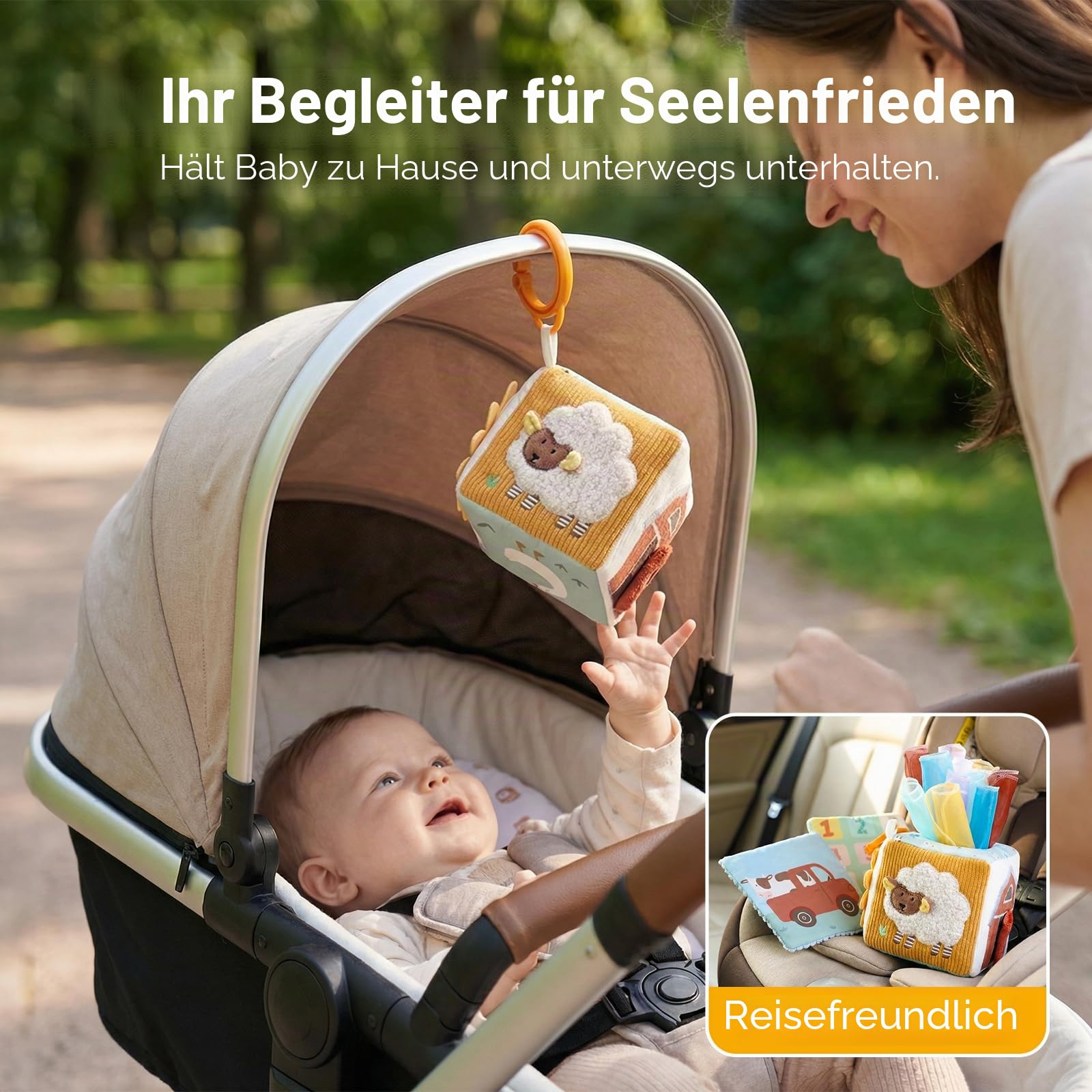 let's make Baby Taschentuchbox Spielzeug, Montessori Sensorik Spielzeug ab 6 9 12 Monaten, Bauernhof Activity-Box Motorikspielzeug mit Knisterpapier, Spiegel & Reiseclip, Geschenke für Mädchen Jungen