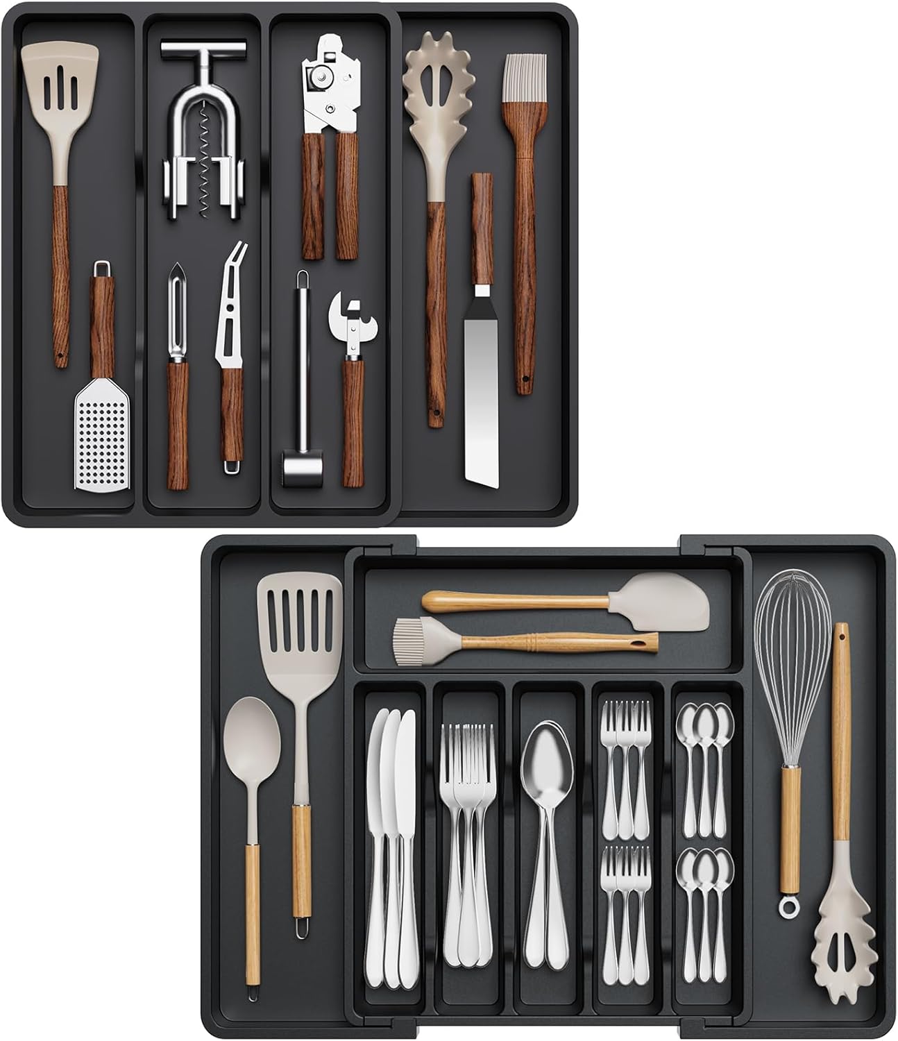 Lifewit Silverware and Cooking Utensil Drawer Organizer Set – Expandable Adjustable Plastic Storage for Cutlery, Flatware, Spoons, Forks, Knives, and Kitchen Tools, BPA-Free, Black