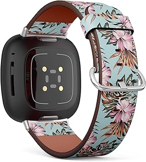 CJBROES Replacement Leather Watch Band, Compatible with Fitbit Versa 3 and Fitbit Sense of Wristband Bracelet Accessory - Tropical Floral Pink Hibiscus Flower