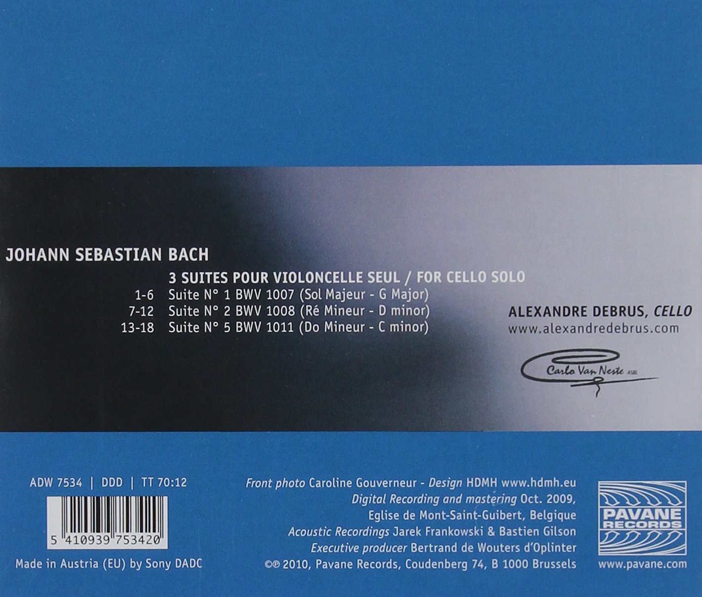 Bach, J.S. : Cello suites No. 1, 2 & 5. Debrus, Alexandre.