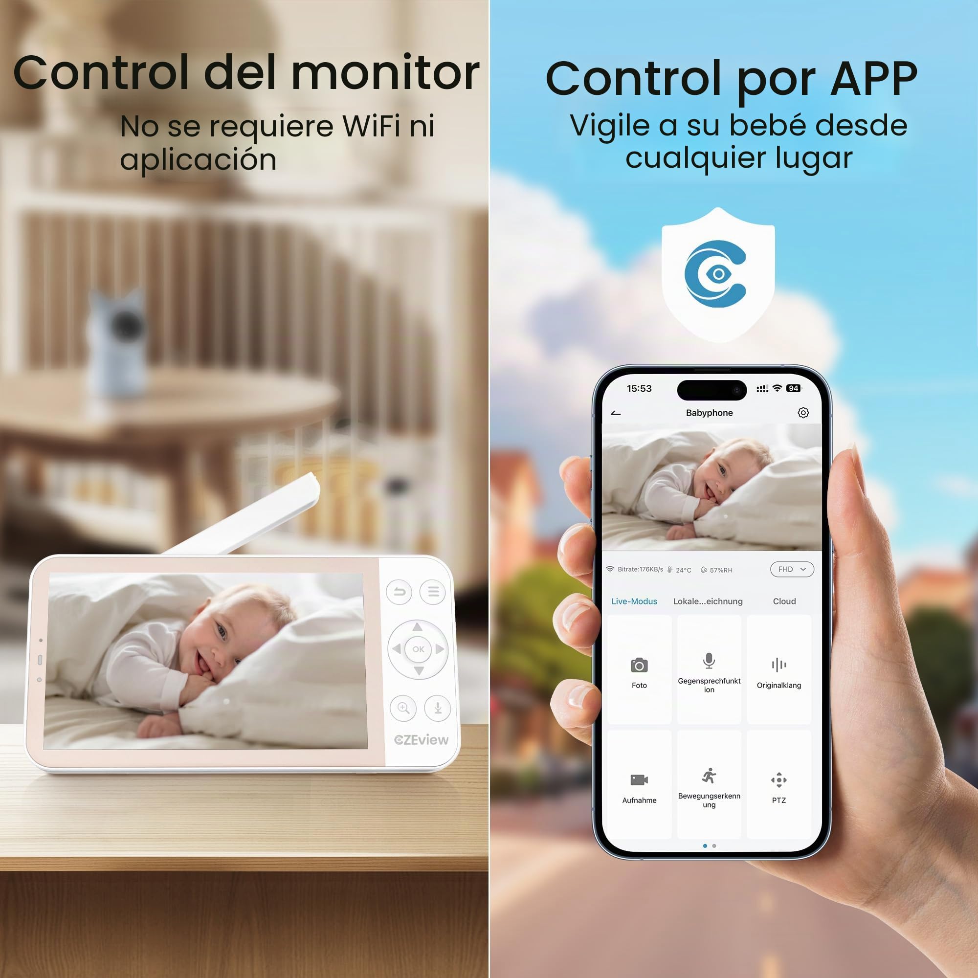 CZEview BM6 vigilabebés con cámara 2K y 4X Zoom, 5.5" HD Baby Monitor con aplicación, visión nocturna, detección de movimiento y ruido y temperatura, conversación de 2 vías, vista de 360°, música y