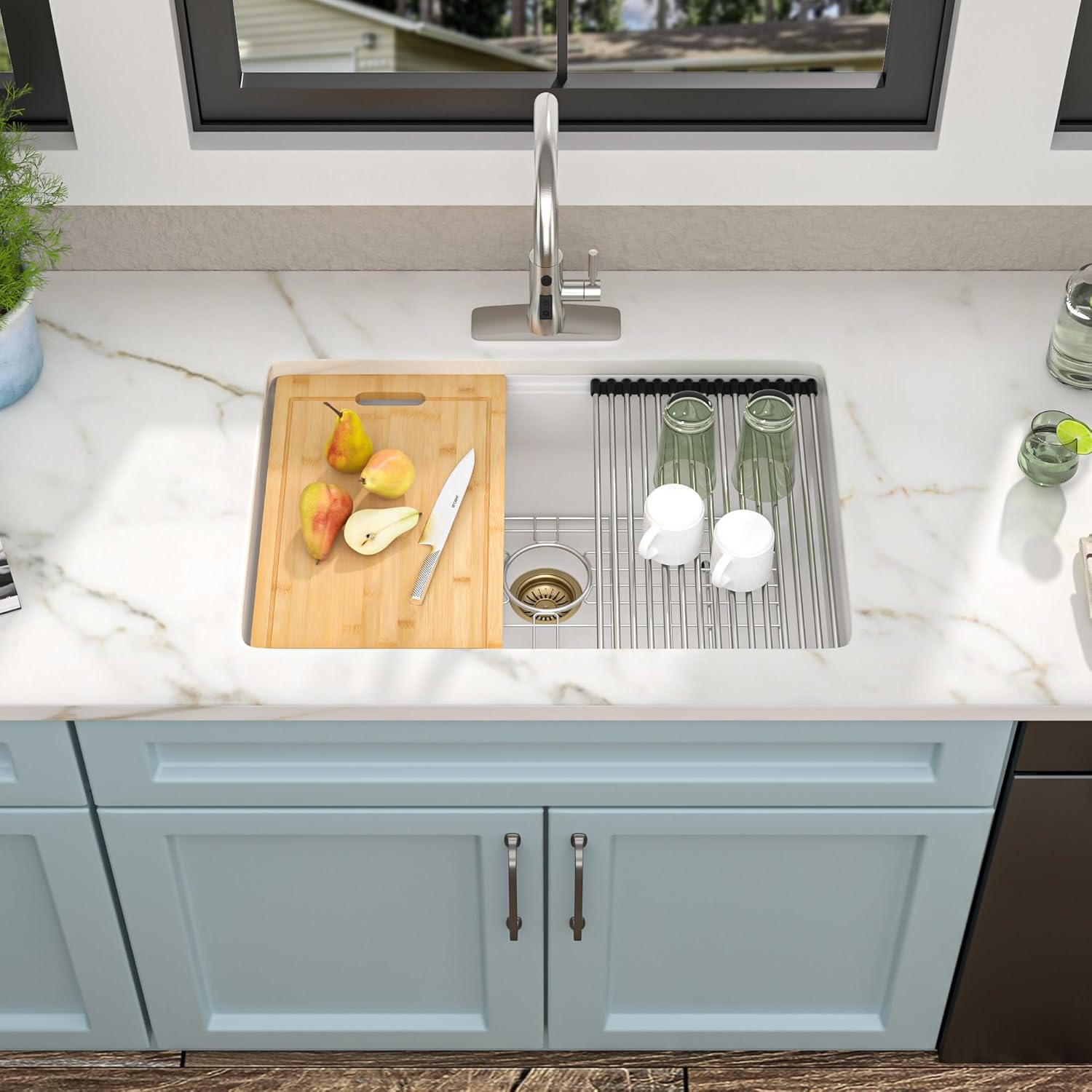 28"x19" Granite Composite Kitchen Sink - White Undermount Ledge Workstation Quartz Classic Under Counter Single Bowl Basin